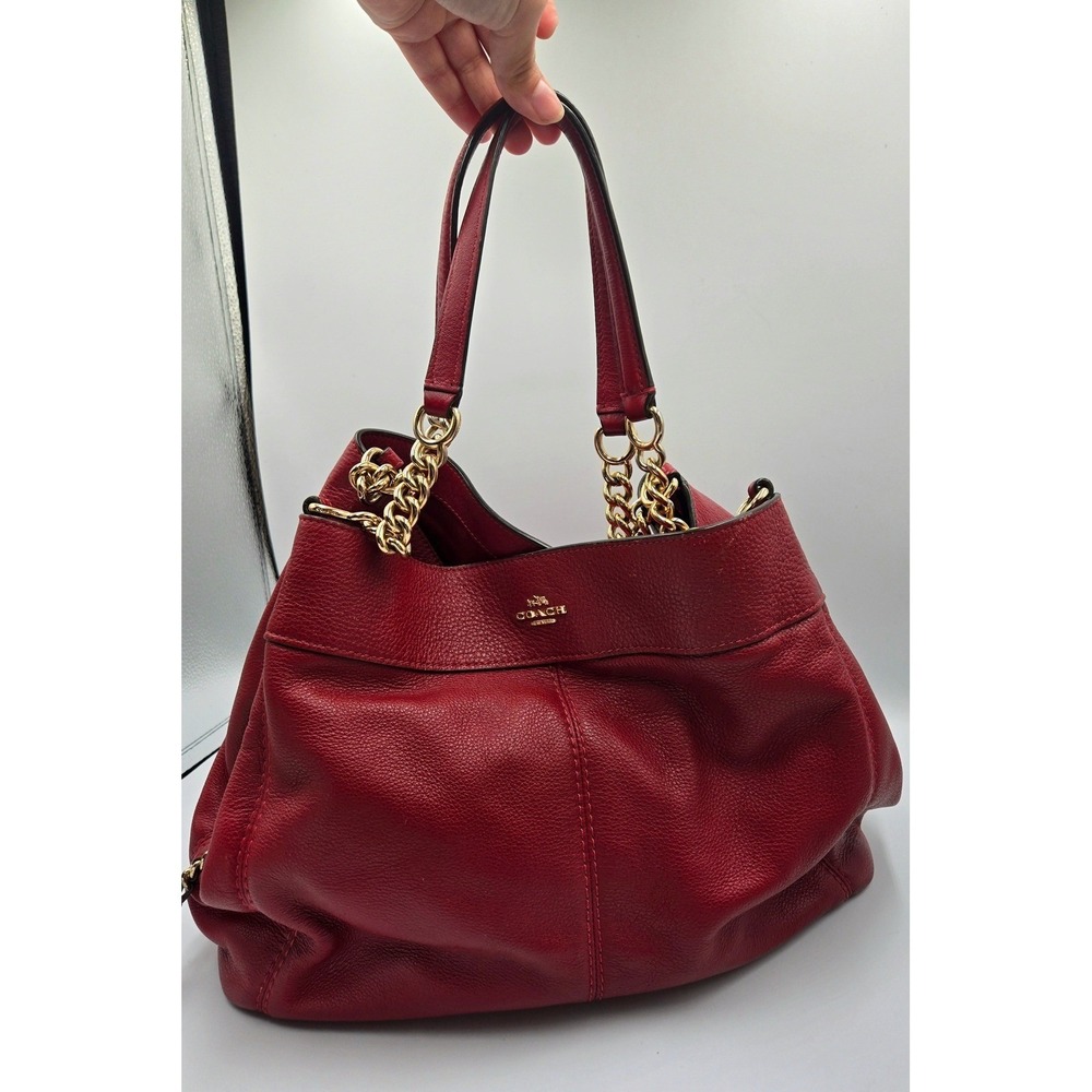 Coach Lexy Leather Shoulder Bag with Chain Straps Red Satchel Purse - Picture 10 of 10